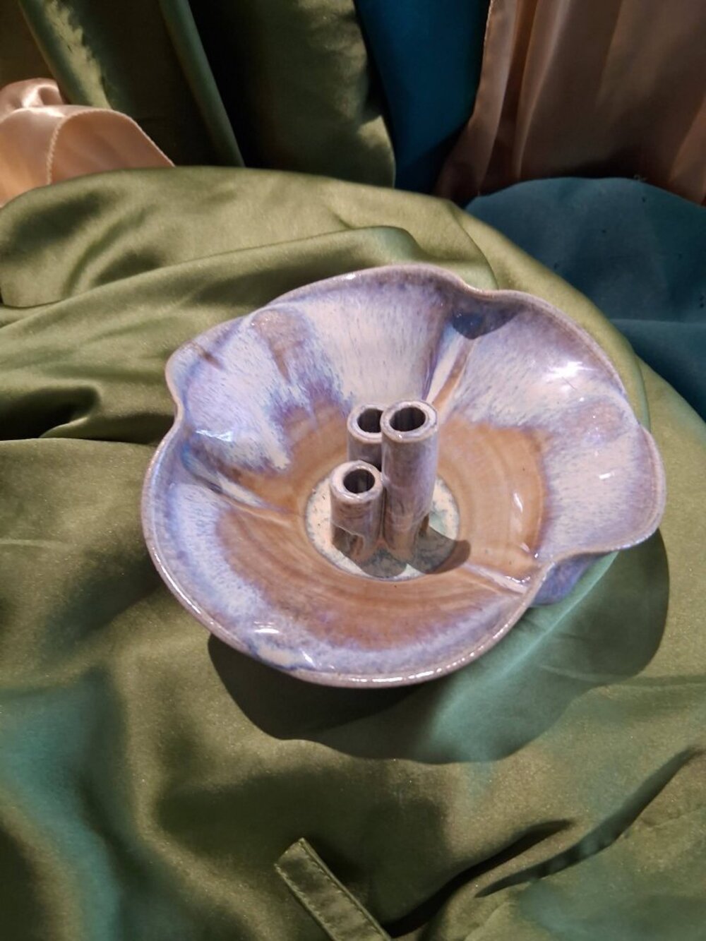 Vintage Mid-Century Ceramic Flower Frog Bowl with Multi-Tube Holder.